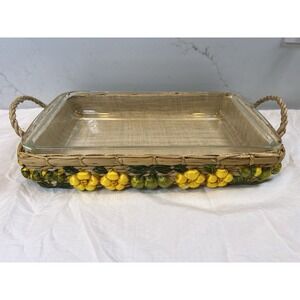 Vintage Pyrex Glass Pyrex Dish #231 with Floral Raffia Serving Basket 1.5 Qt.